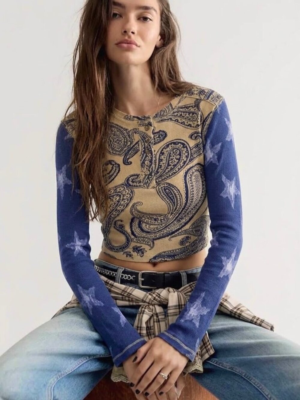 We The Free Long Sleeve Paisley Top S Henley Fairy Grunge Y2K